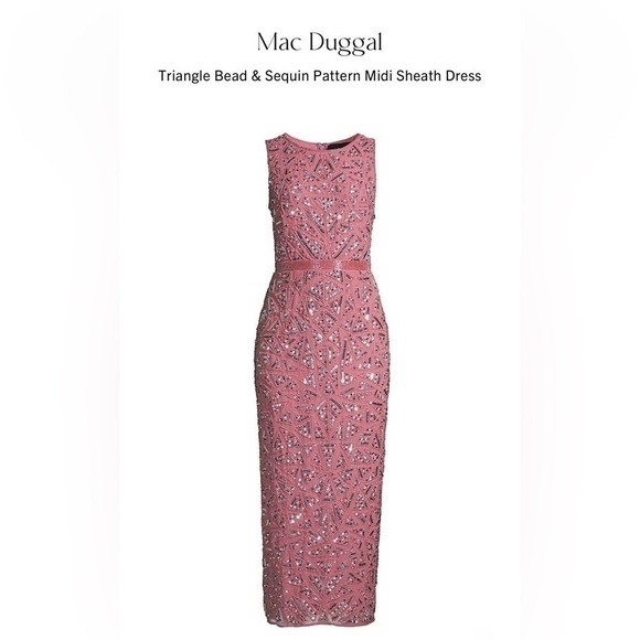 Nwt Mac Duggal Triangle Bead & Sequin Pattern Midi Sheath Dress in Rosewood Pink - Picture 4 of 15